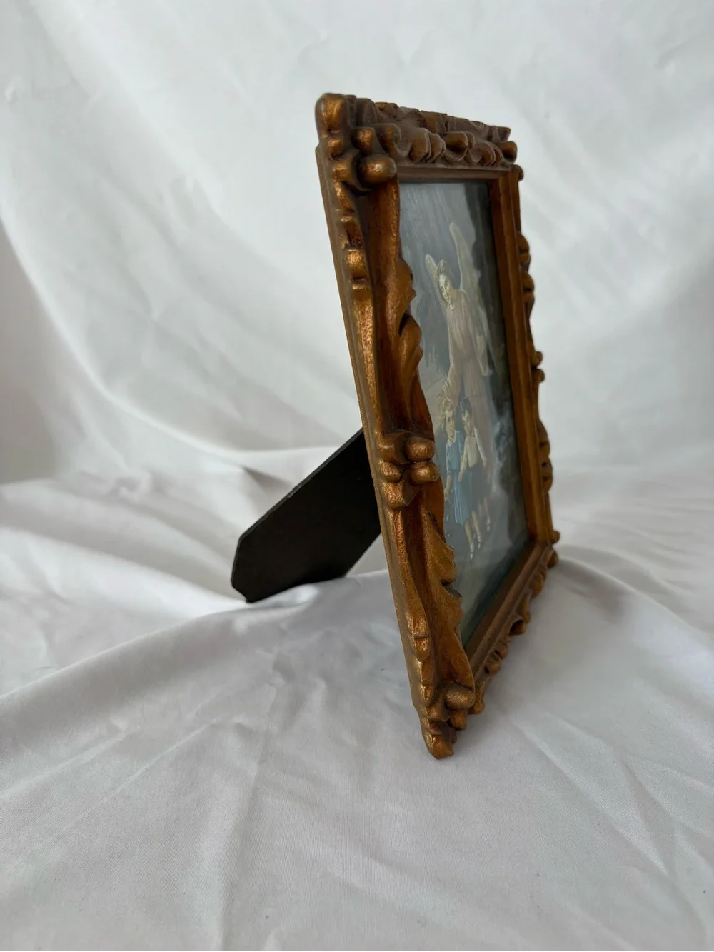 Vintage midcentury wood frame guardian angel foil print art children home decor